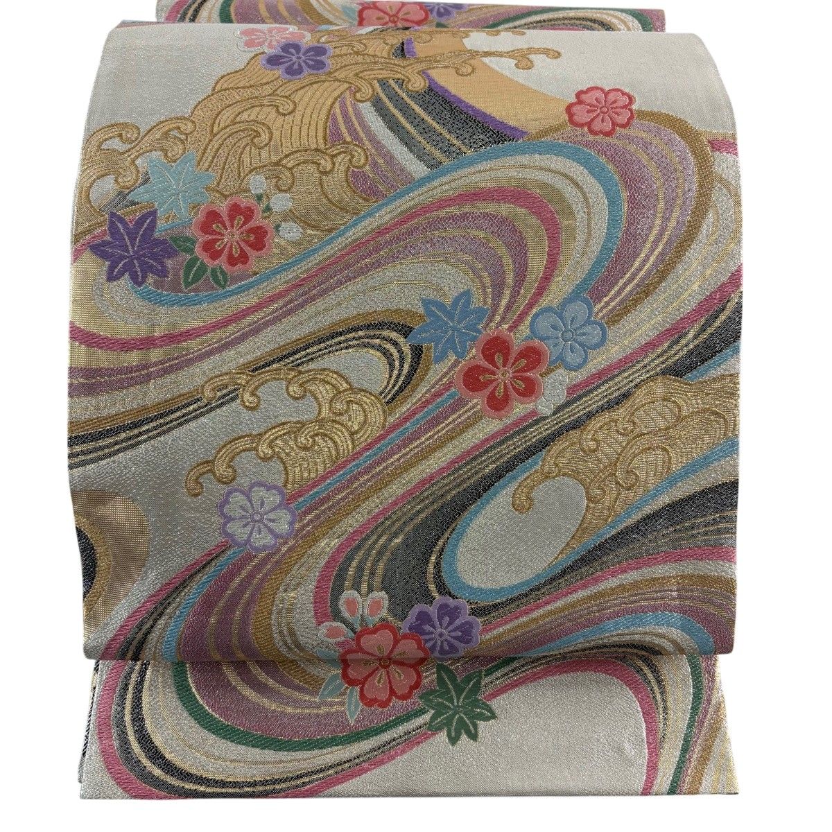 【美品】 袋帯 秀品 振袖向き 波頭 草花 金銀糸 箔 銀色 六通 正絹 【中古】