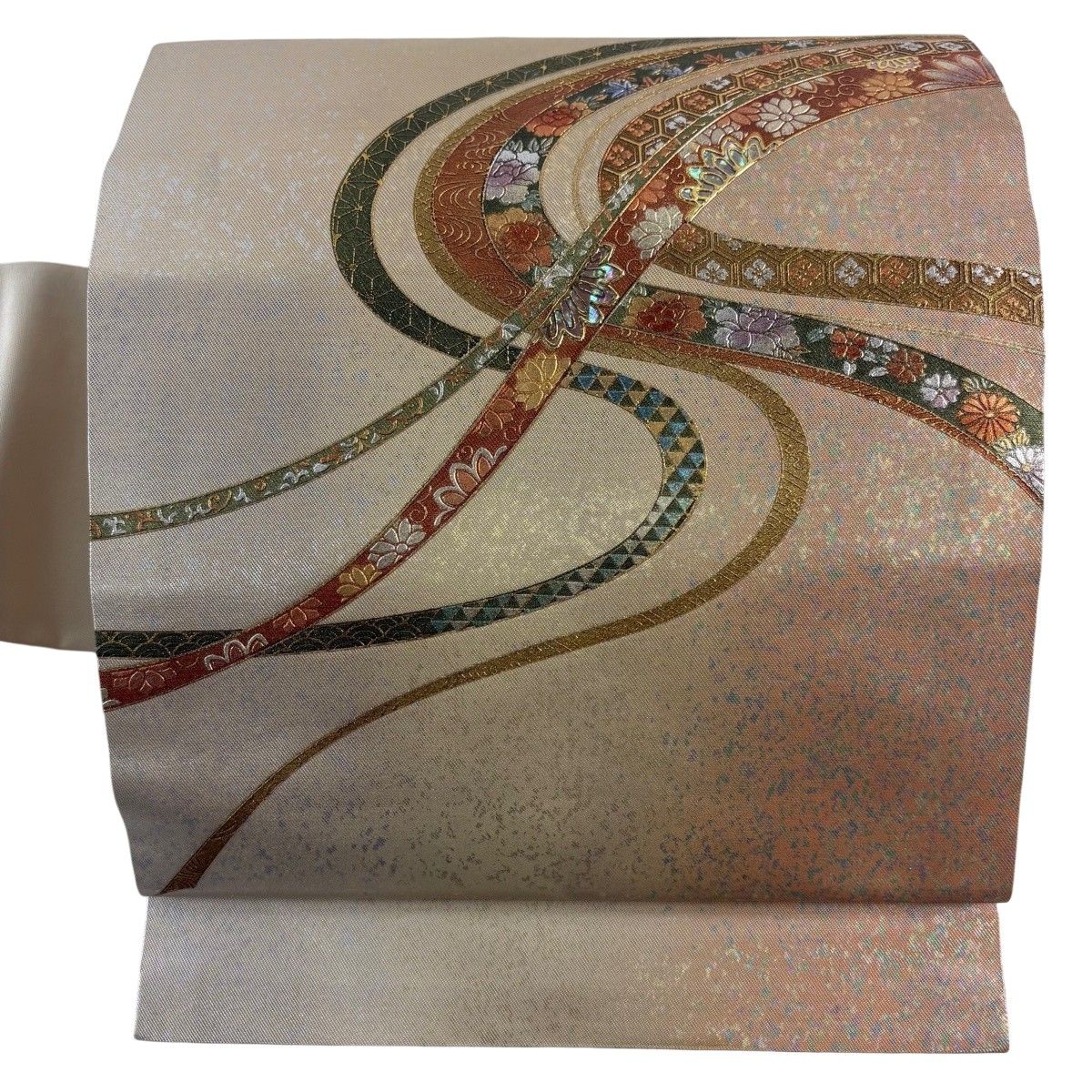 名古屋帯 秀品 蔓帯 草花 金銀彩 螺鈿 薄オレンジ 正絹 【中古】