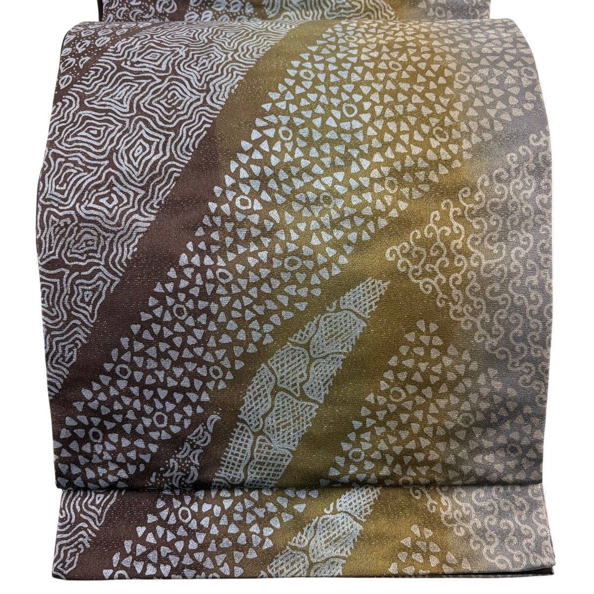 【美品】 袋帯 秀品 幾何学 銀糸 茶緑色 全通 正絹 【中古】