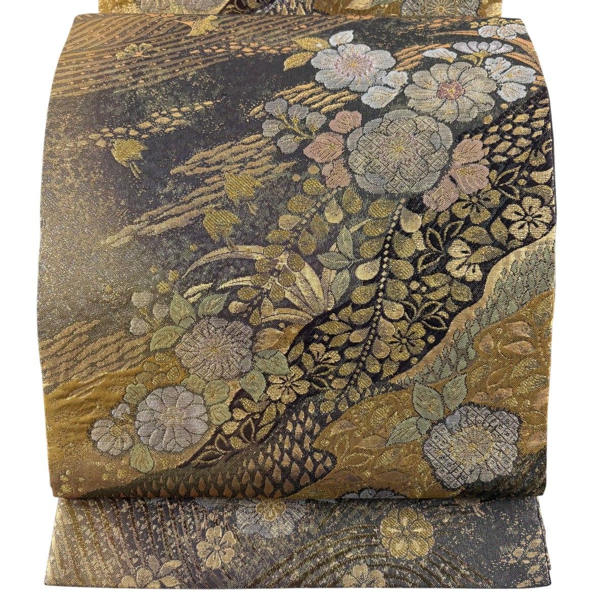 【美品】 袋帯 秀品 辻が花 金糸 箔 金茶 六通 正絹 【中古】