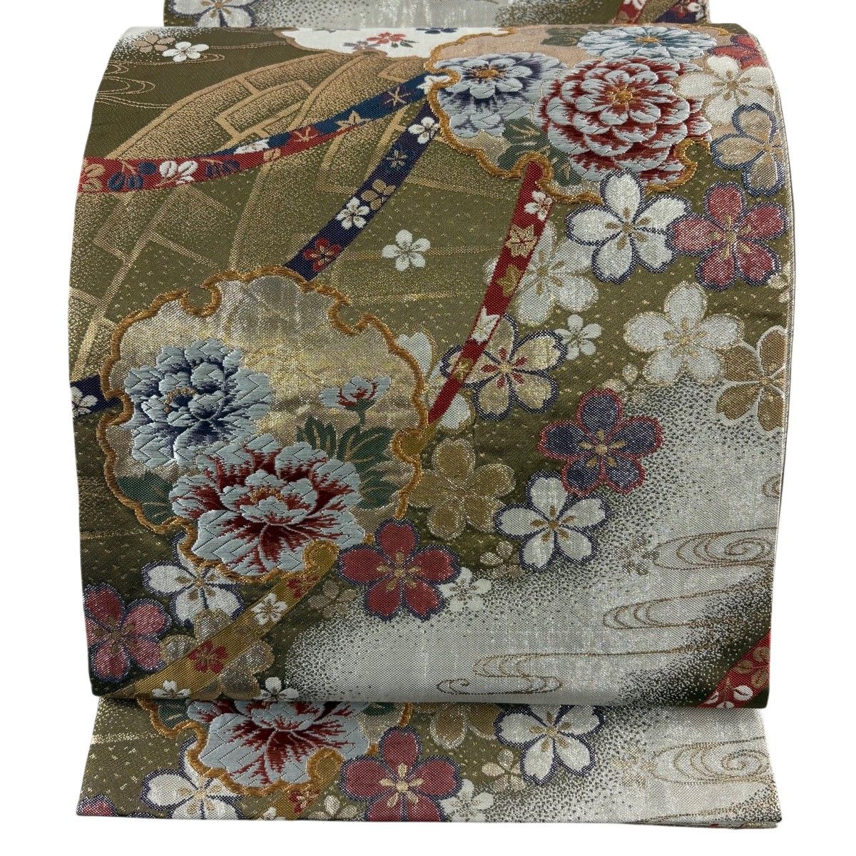 袋帯 秀品 雪輪 草花 金銀糸 唐織 金茶 六通 正絹 【中古】