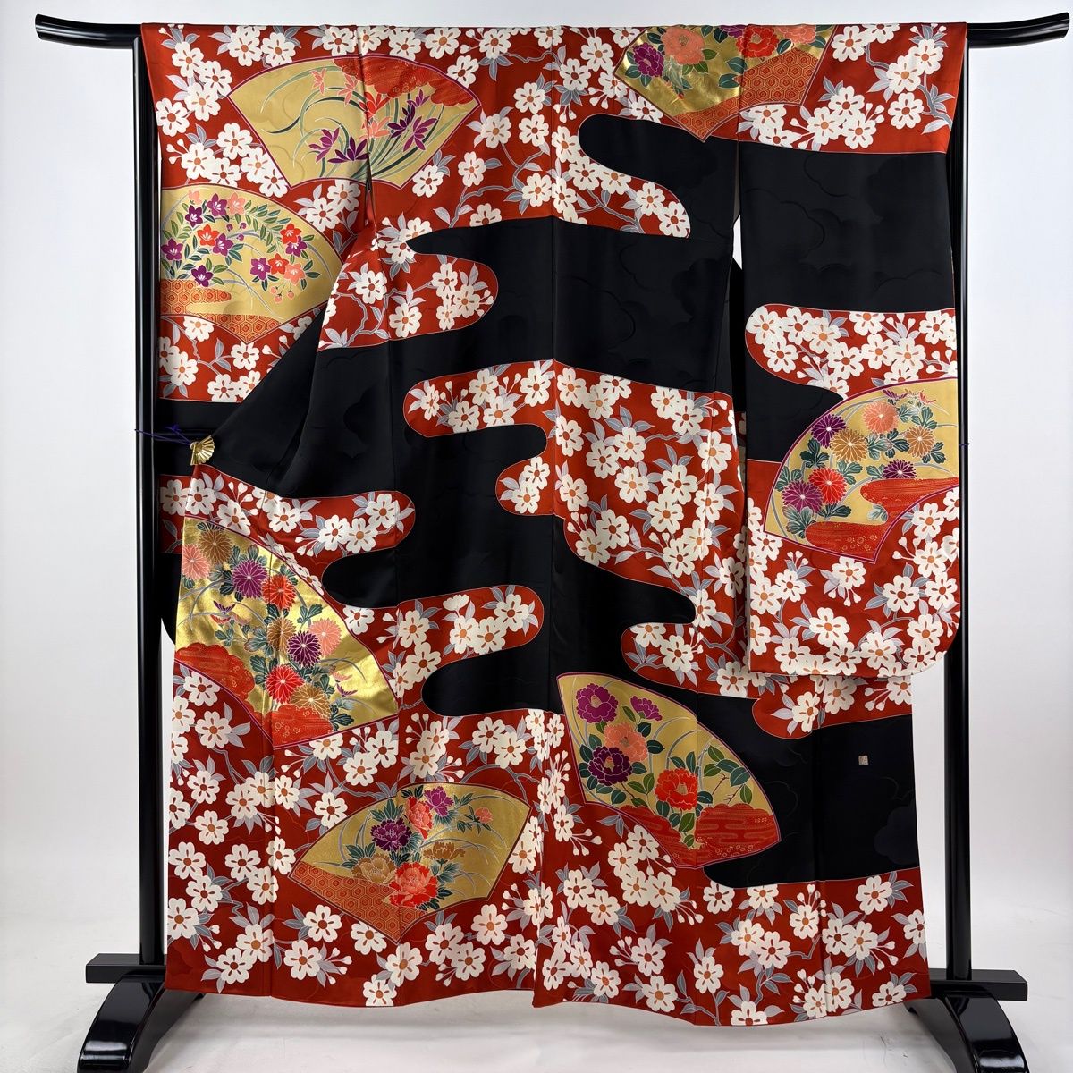 美品】 振袖 身丈162cm 裄丈66cm M 袷 袋帯フルセット 落款 扇面 桜