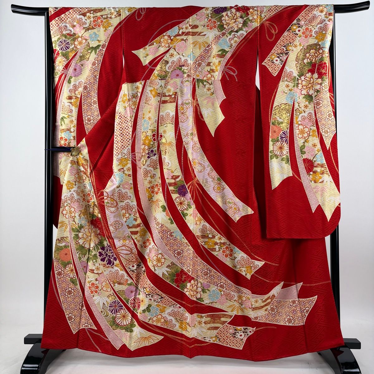 振袖単品　袷 梅 蝶 金糸 絞り 赤 正絹 秀品 美品】 振袖 身丈163cm 裄丈66cm M 袷 袋帯フルセット 熨斗 松竹梅