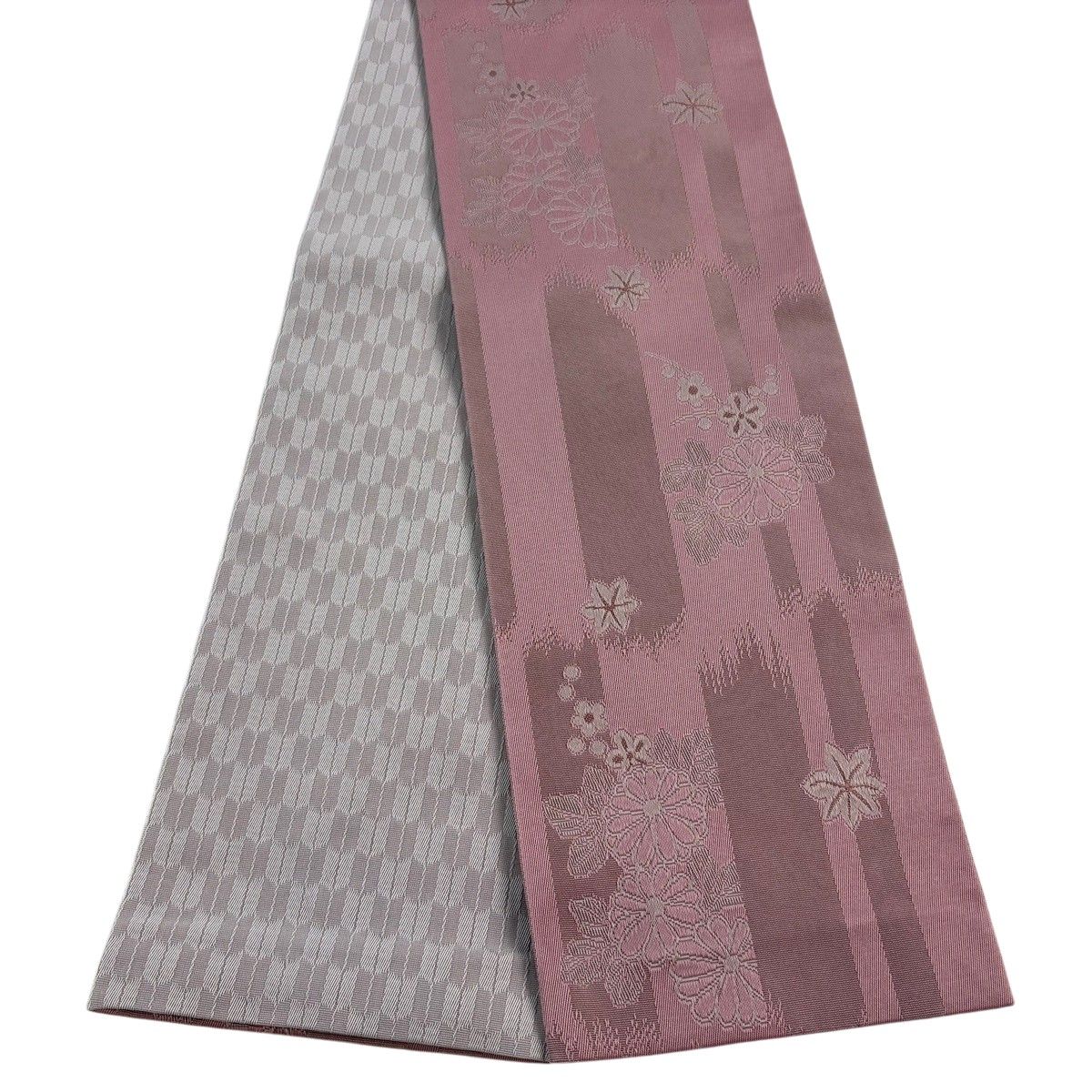 【美品】半幅帯 優品 菊 楓 ピンク 化繊 【中古】