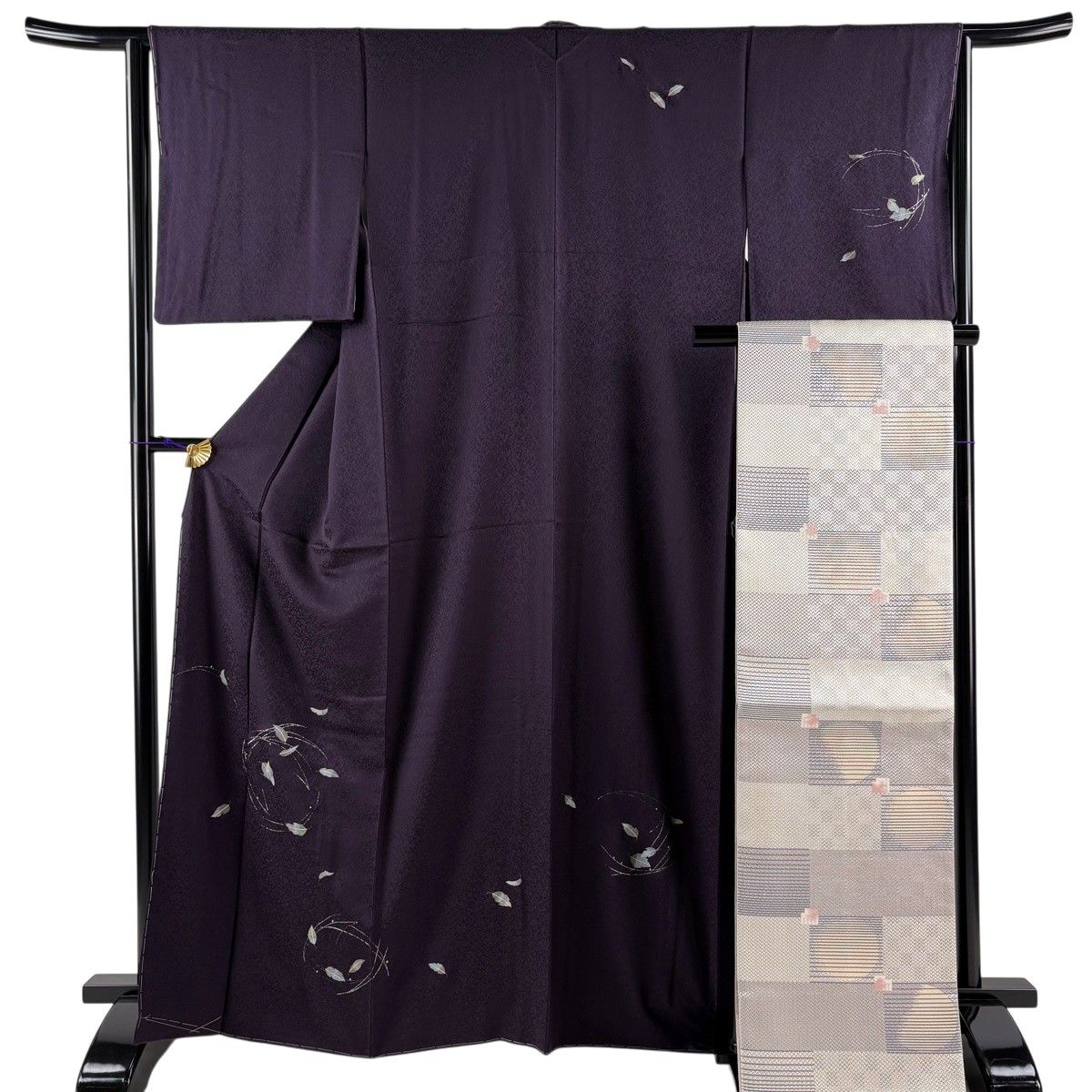 【美品】 付下げ 身丈167cm 裄丈64cm M 袷 袋帯セット 葉柄 松葉 銀彩 濃紫 正絹 名品 【中古】