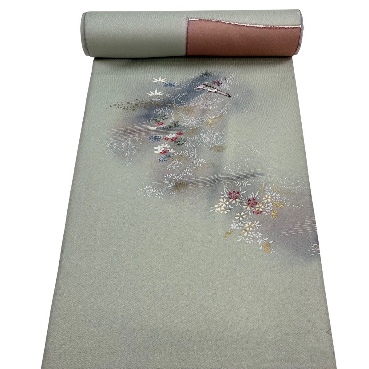 反物 秀品 付下げ 笠松 波 金彩 ぼかし 灰緑 正絹 【中古】