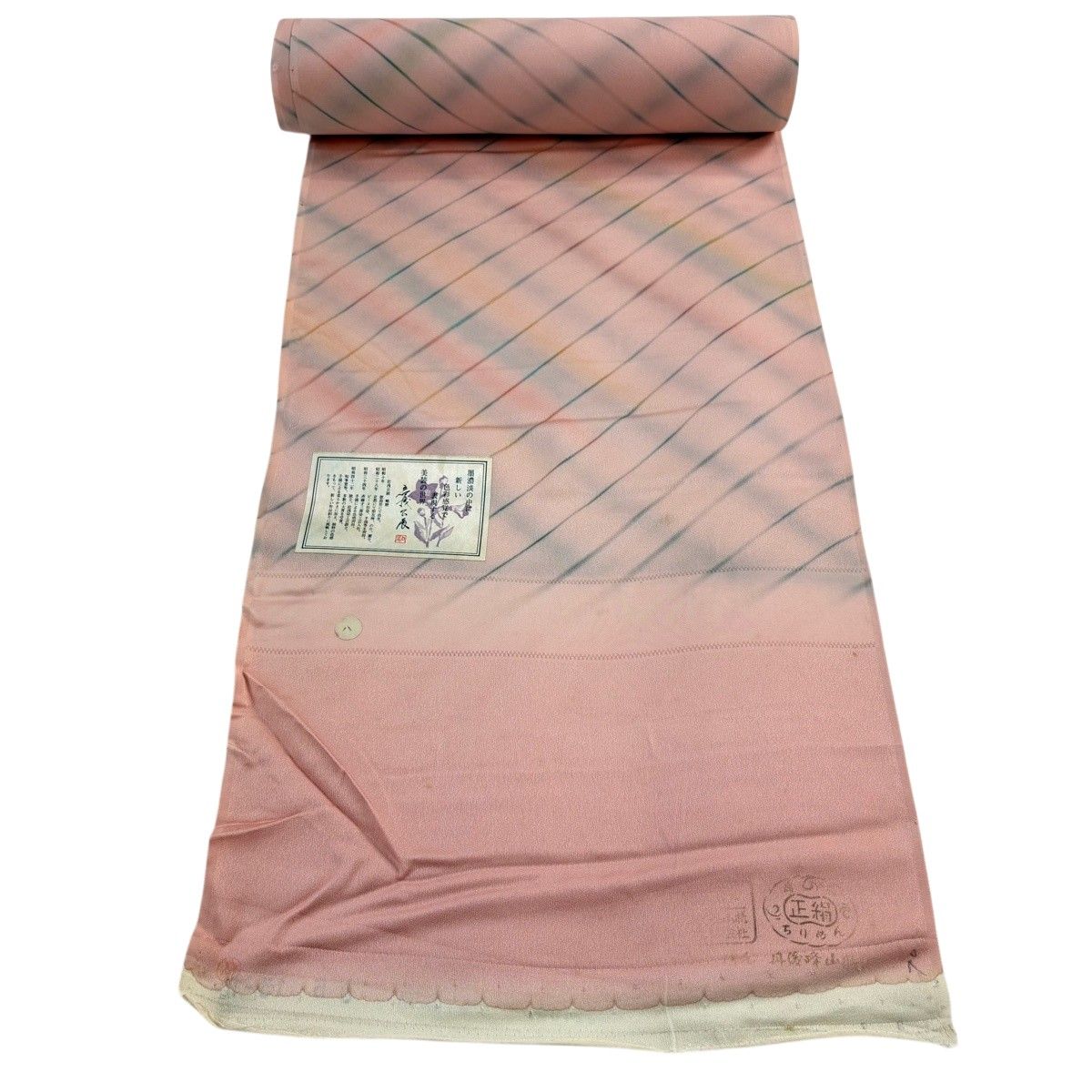 反物 秀品 小紋 落款有 斜縞 ピンク 正絹 【中古】