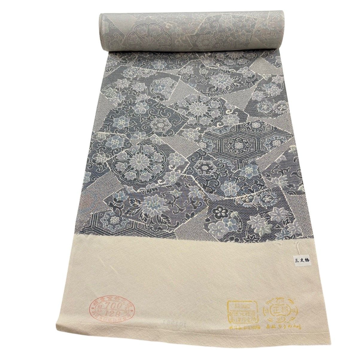 反物 秀品 小紋 華文 花唐草 灰色 正絹 【中古】