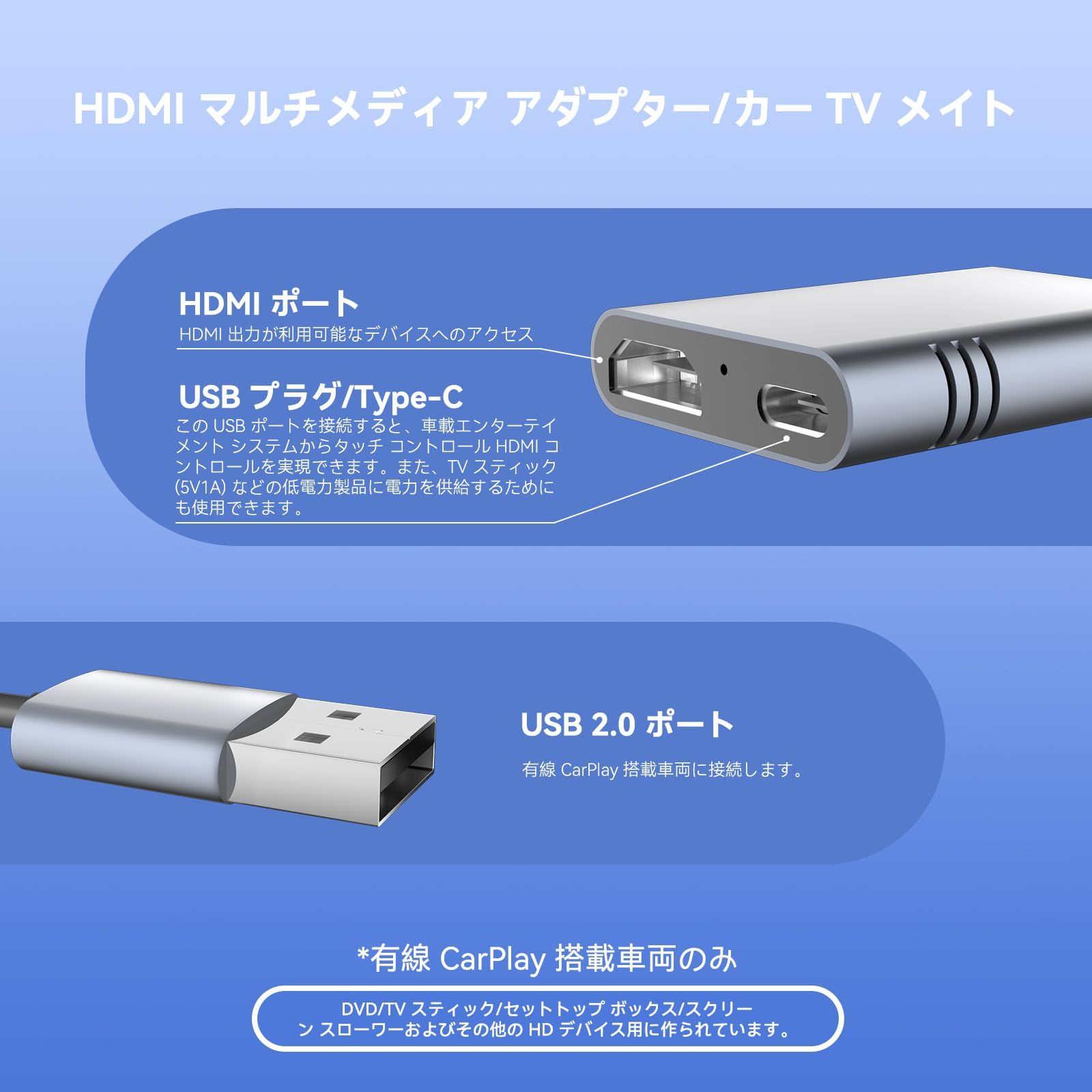 LVEHO HDMIマルチメディアアダプター、HDMI入力、ワイヤレスCarPlay 
