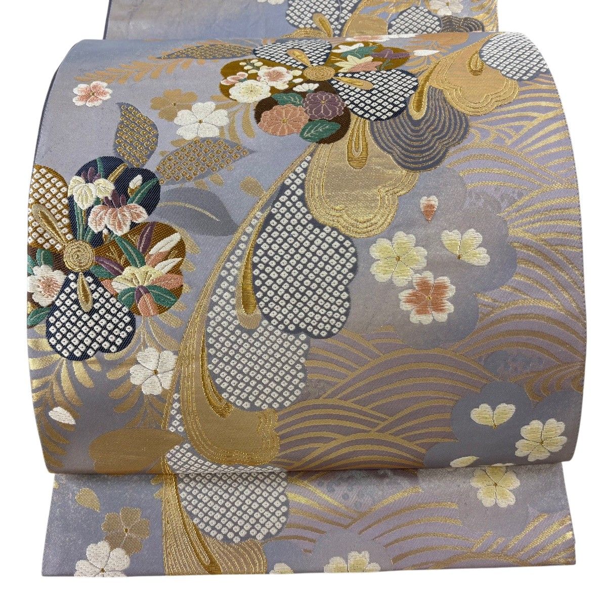 袋帯 逸品 じゅらく 落款 桜 波 金糸 箔 薄紫 六通 正絹 【中古】
