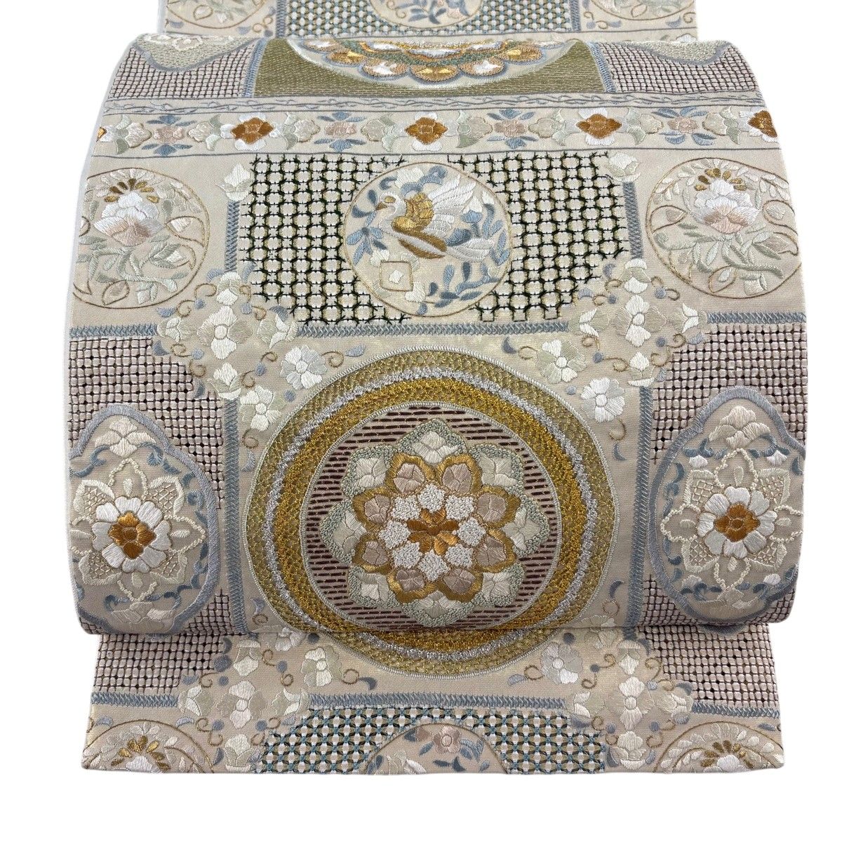 袋帯 逸品 華文 鳥 刺繍 金銀糸 金色 六通 正絹 【中古】