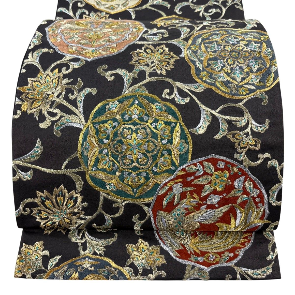 【美品】 袋帯 逸品 華文 花唐草 刺繍 金銀糸 焦茶色 六通 正絹 【中古】
