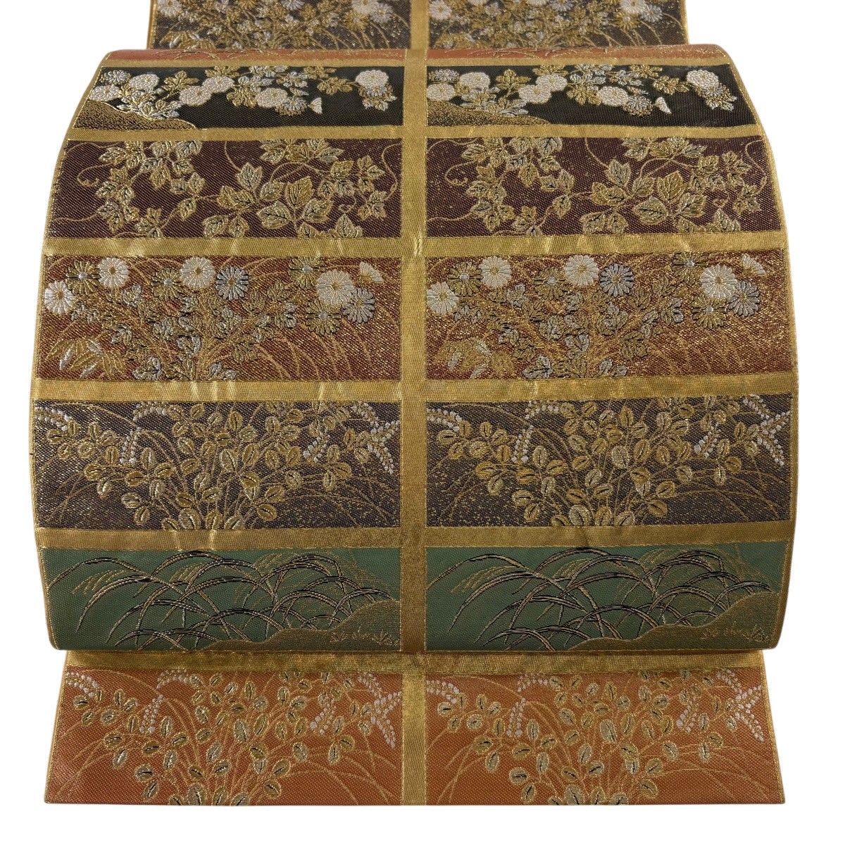 袋帯 逸品 河村織物 落款 高台寺秋草蒔絵紋 金糸 箔 金色 六通 正絹 【中古】