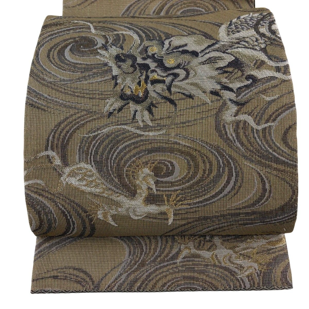 【美品】 袋帯 逸品 龍 流水 金糸 箔 薄茶色 六通 正絹 【中古】