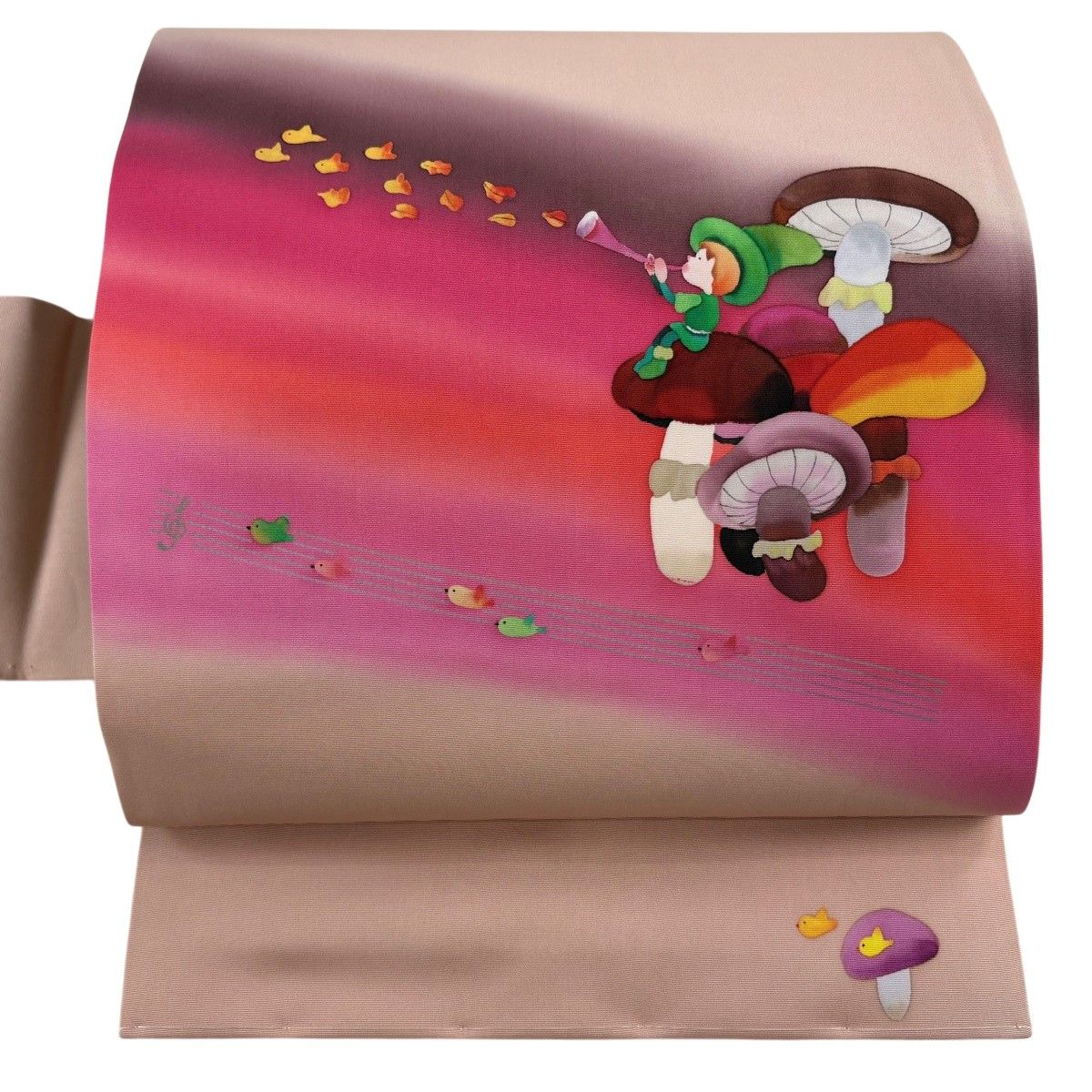 【美品】 名古屋帯 逸品 きのこ 人物 ピンクベージュ 正絹 【中古】