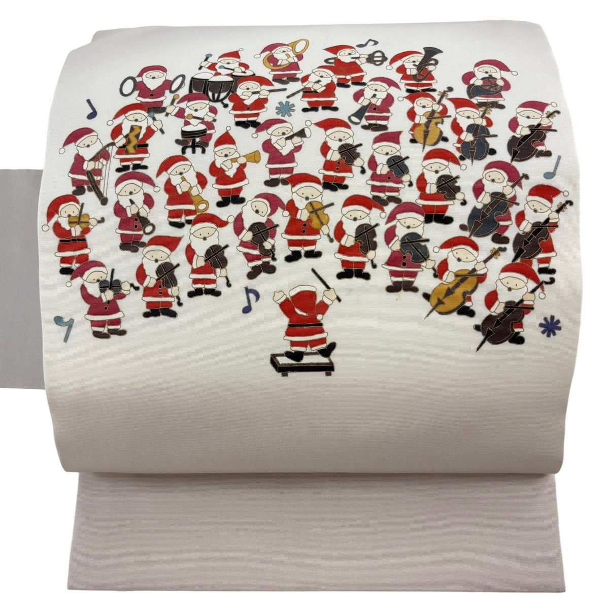 名古屋帯 逸品 サンタクロース 楽器 金彩 灰色 正絹 【中古】