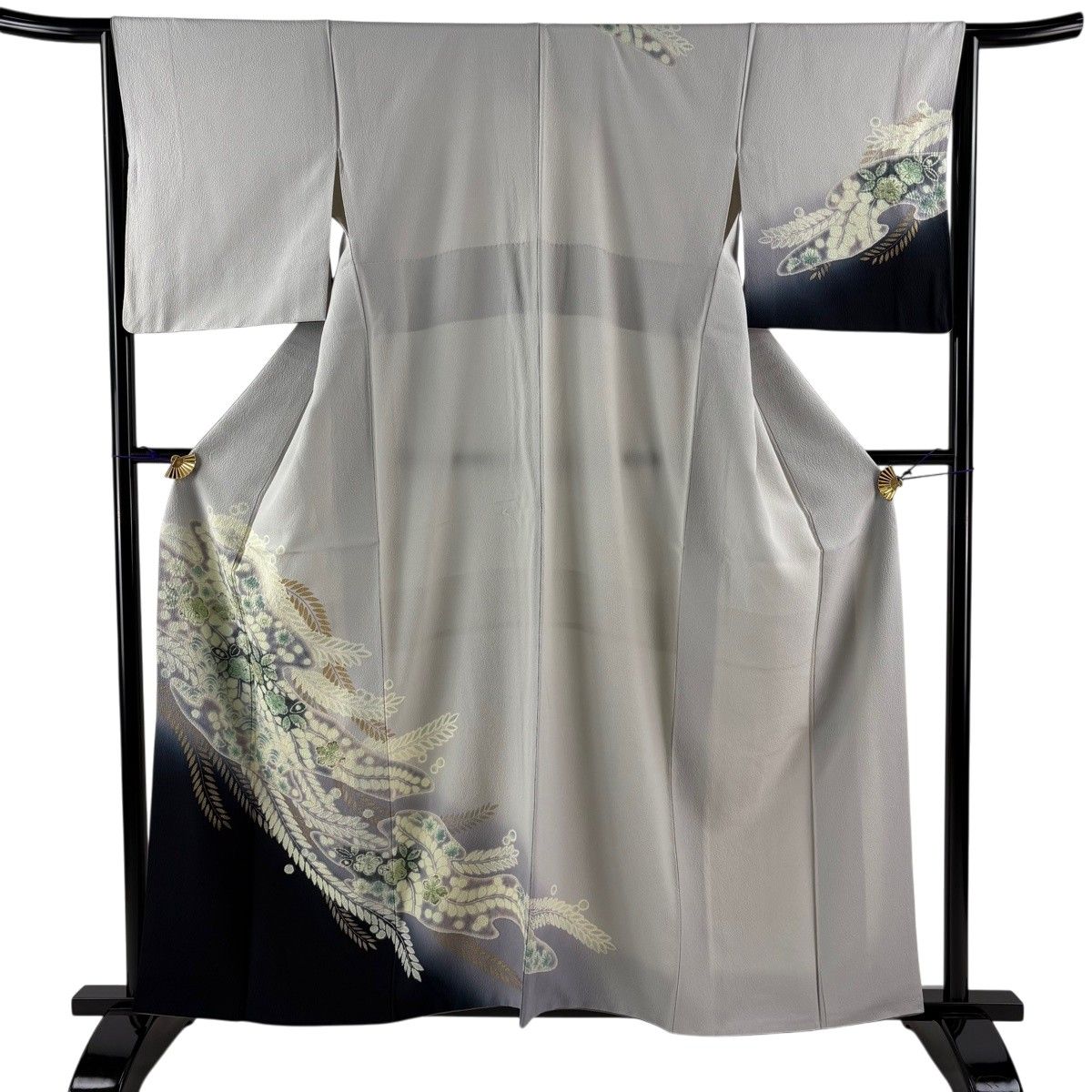 訪問着 身丈158.5cm 裄丈66cm M 袷 辻が花柄 霞； 金彩 灰色 正絹 名品 【中古】