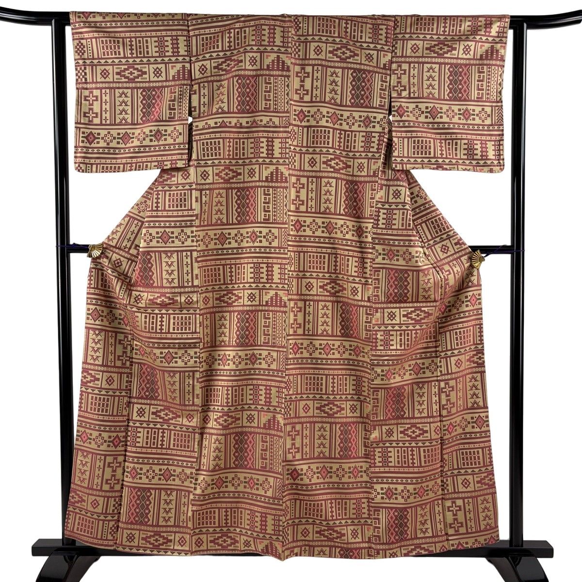 紬 身丈158cm 裄丈61.5cm S 袷 菱 縞 ベージュ 正絹 名品 【中古】