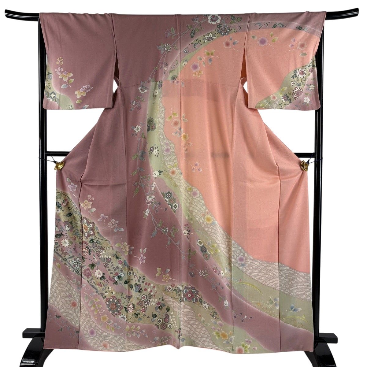 訪問着 身丈163.5cm 裄丈67cm M 袷 華文 花唐草 金糸 金銀彩 ピンク 正絹 名品 【中古】