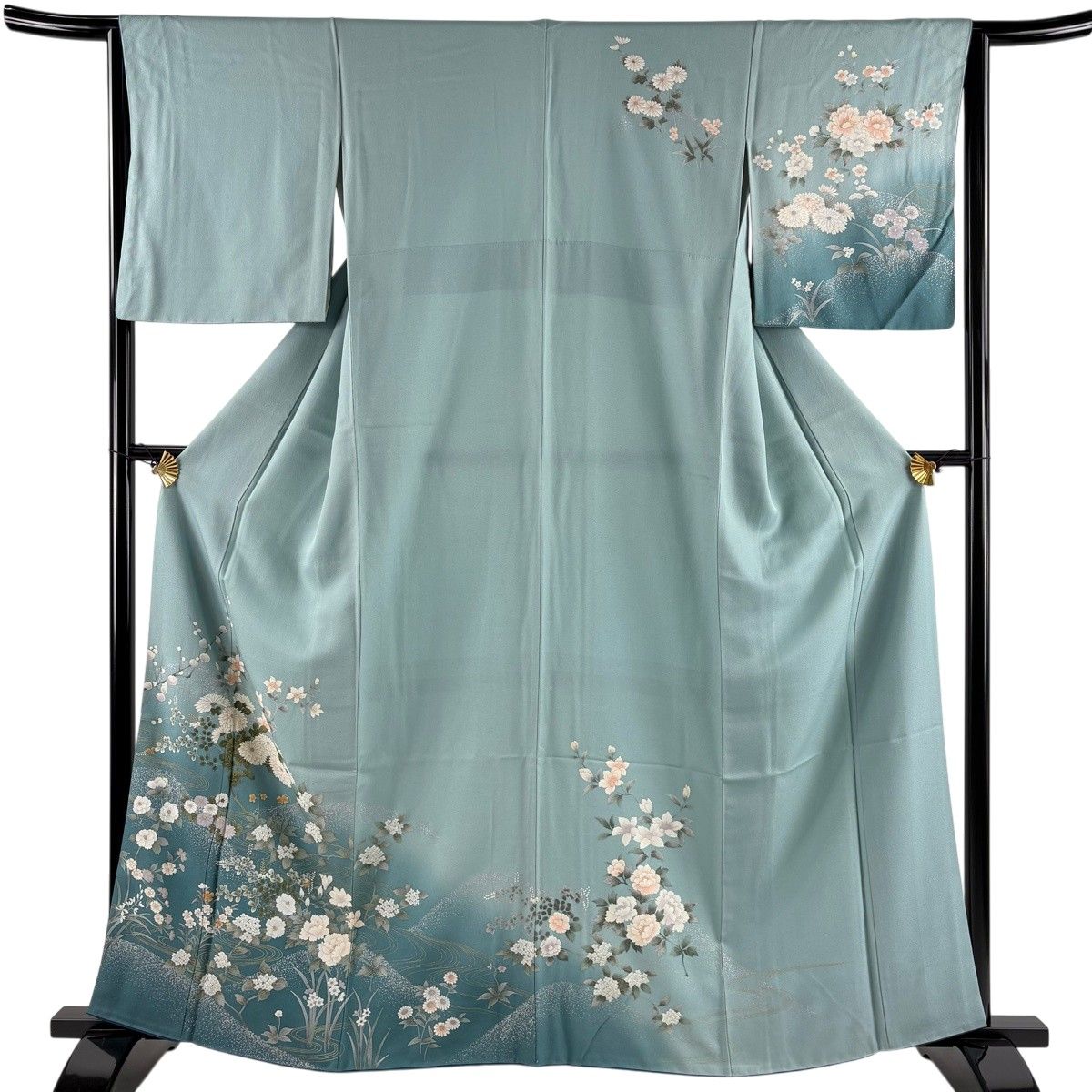 訪問着 身丈162cm 裄丈64cm M 袷 草花 流水 金銀彩 ぼかし 灰緑 正絹 秀品 【中古】