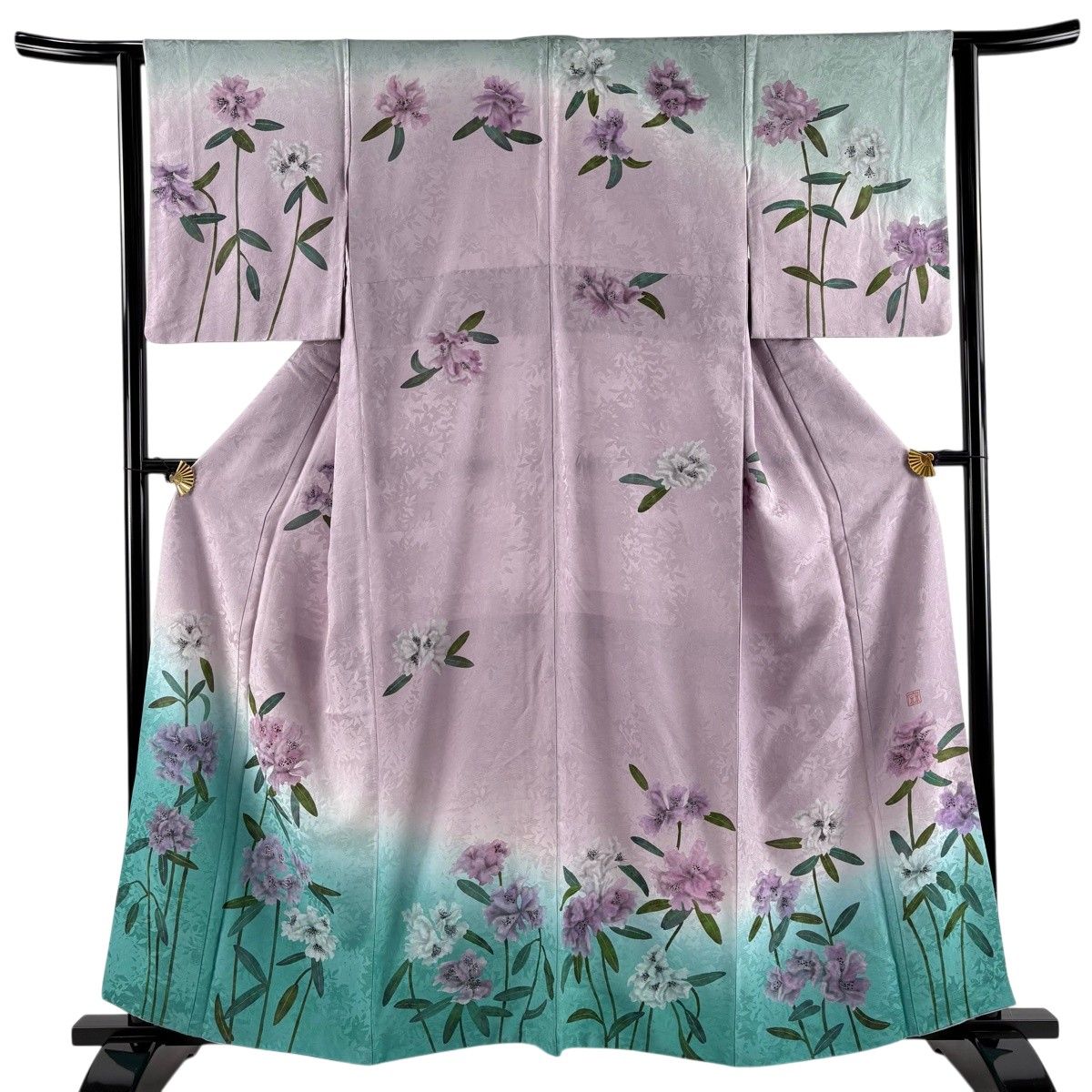 訪問着 身丈159.5cm 裄丈62cm S 袷 落款 草花 染め分け ぼかし 薄紫 正絹 秀品 【中古】