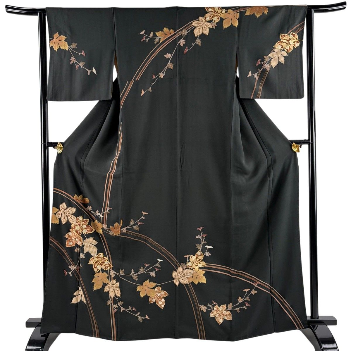 訪問着 身丈162cm 裄丈62.5cm S 袷 菊 葉柄 金糸 金彩 墨色 正絹 秀品