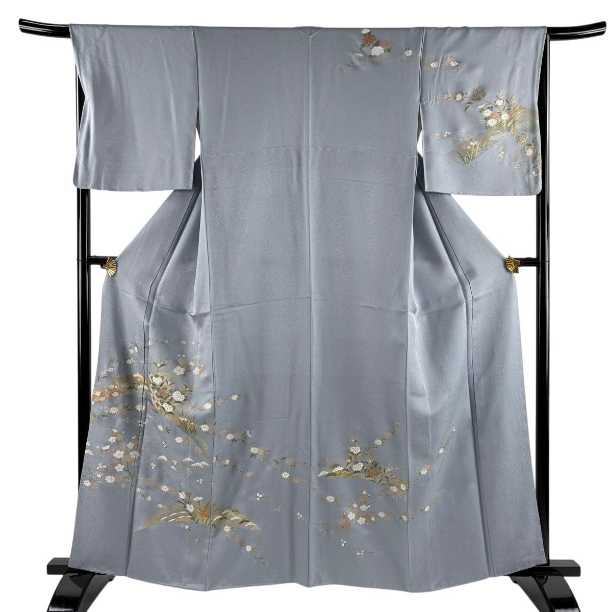 【美品】 訪問着 身丈161cm 裄丈66.5cm M 袷 草花 色紙 金糸 金銀彩 青灰色 正絹 秀品 【中古】