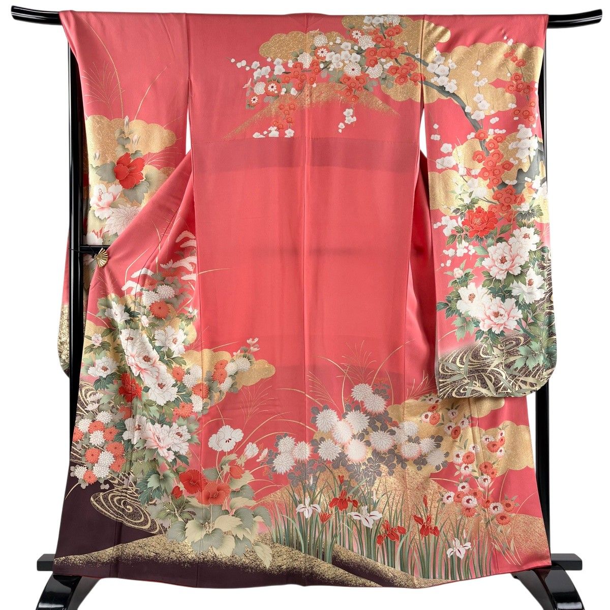 振袖 身丈161.5cm 裄丈66.5cm M 袷 牡丹 雲文 金彩 ピンク 正絹 秀品 【中古】