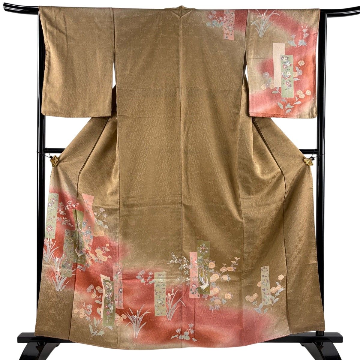 着物　単衣　焦茶系　花黄八　身丈162cm しつけ付き 訪問着 身丈162cm 裄丈64cm M 袷 短冊 花鳥 金彩 染め分け 茶色 正絹