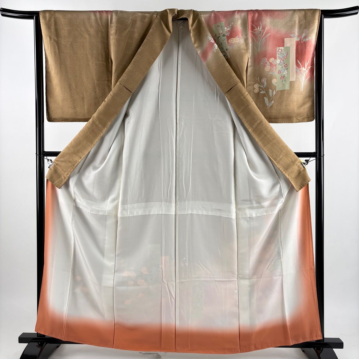 訪問着 身丈162cm 裄丈64cm M 袷 短冊 花鳥 金彩 染め分け 茶色 正絹