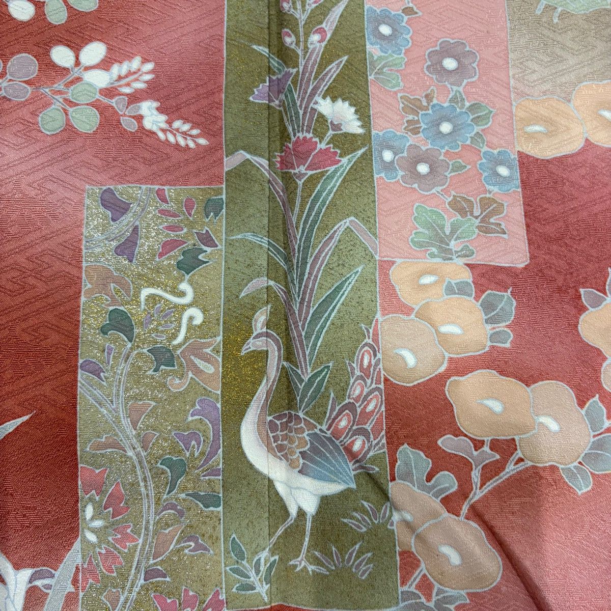 訪問着 身丈162cm 裄丈64cm M 袷 短冊 花鳥 金彩 染め分け 茶色 正絹