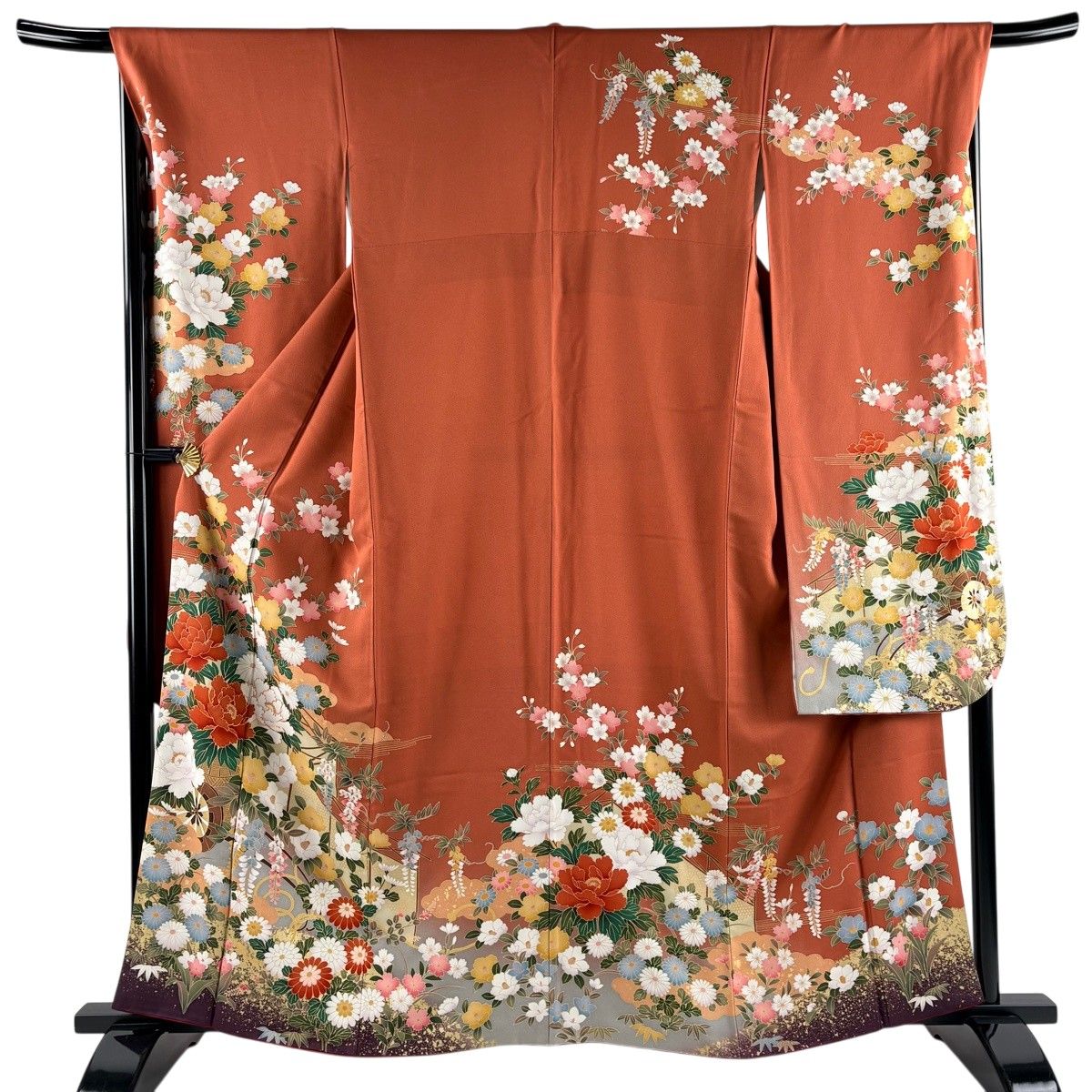 【美品】 振袖 身丈162.5cm 裄丈68cm L 袷 花車 幔幕 金糸 金彩 赤茶 正絹 秀品 【中古】