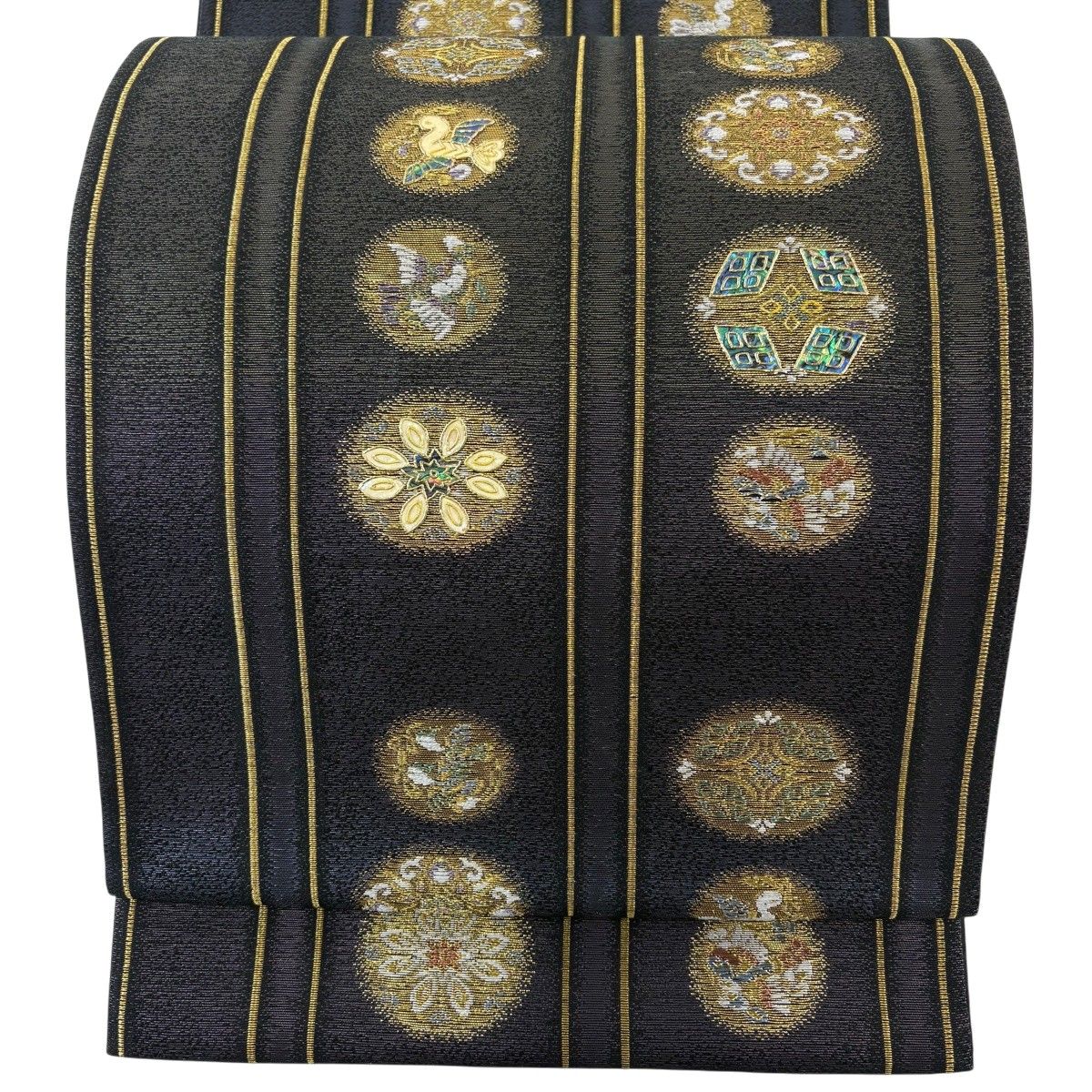 【美品】 袋帯 名品 花喰い鳥 華文 金糸 螺鈿 紫 お太鼓柄 正絹 【中古】