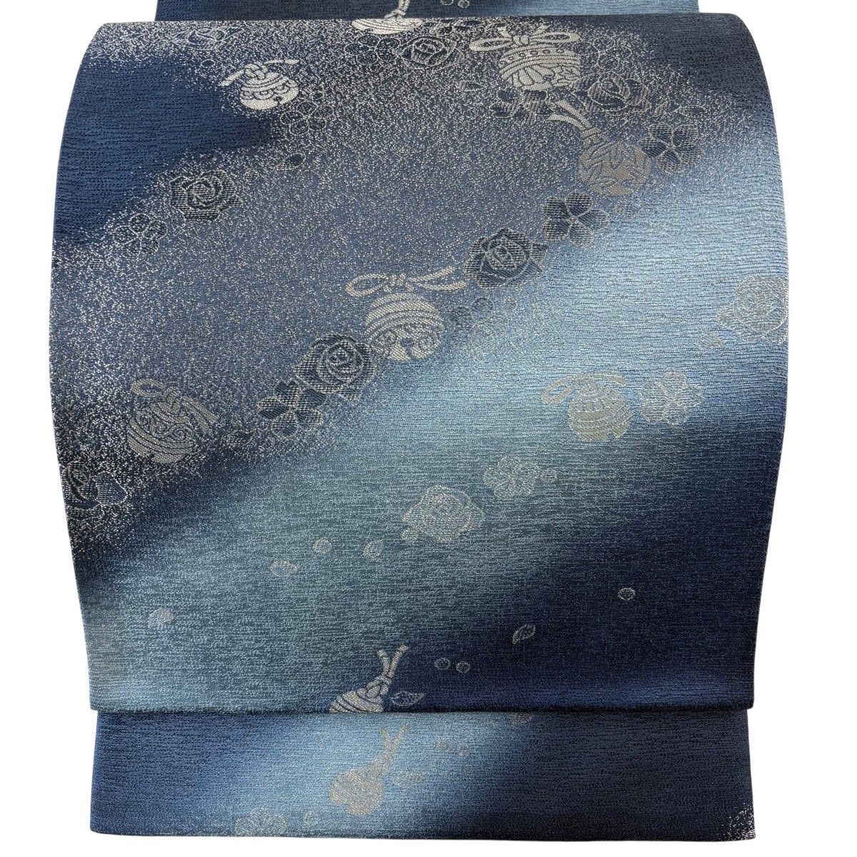 【美品】 袋帯 名品 落款 中村玉緒 鈴 薔薇 銀糸 藍色 全通 正絹 【中古】