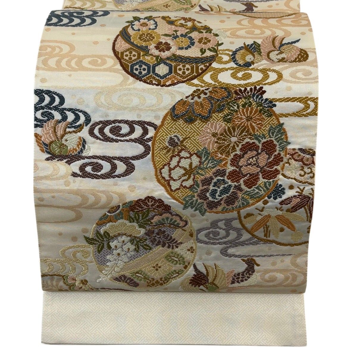 【美品】 袋帯 名品 証紙 やまと 草花 鴛鴦 箔 金糸 クリーム 六通 正絹 【中古】