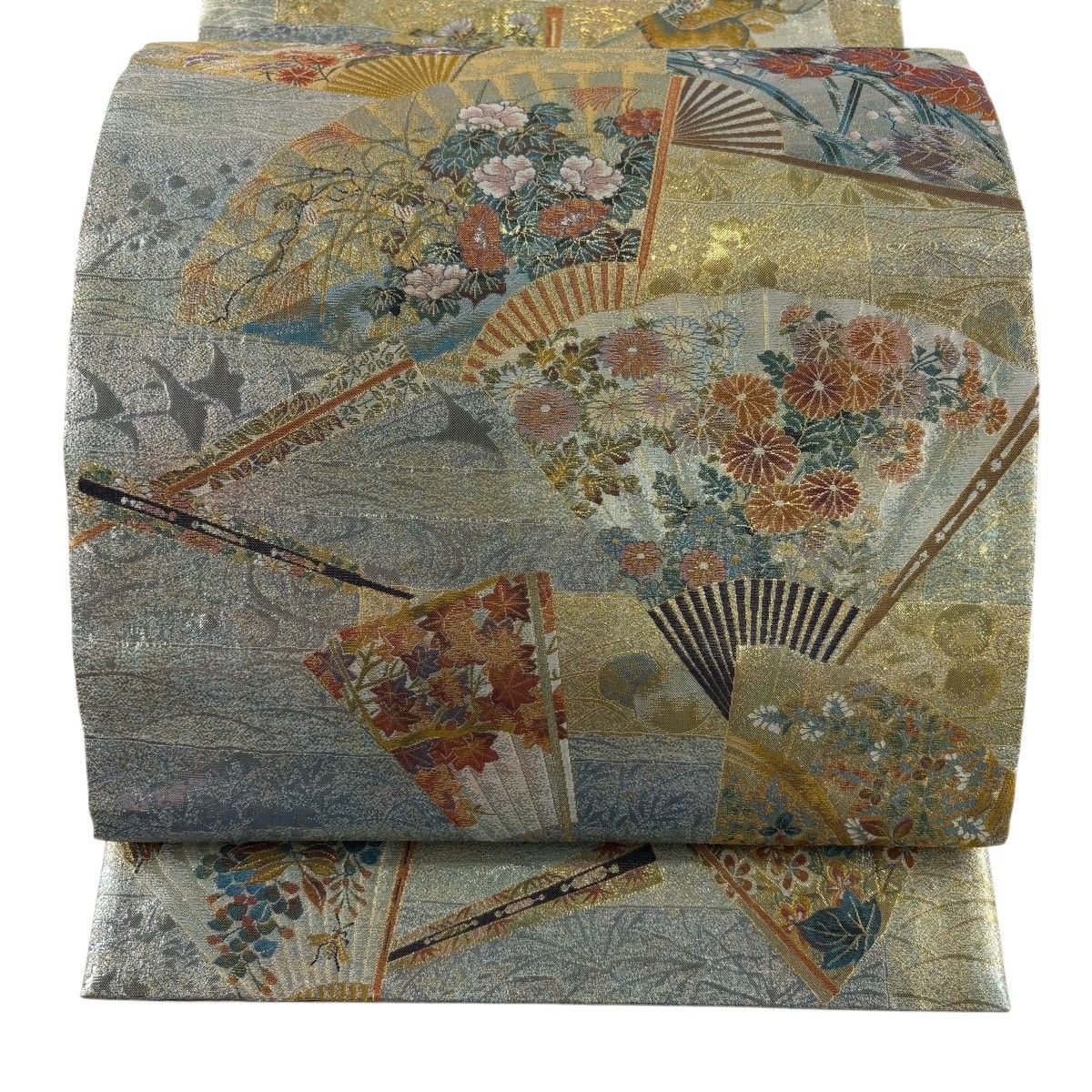 【美品】 袋帯 名品 扇 花鳥 箔 銀色 六通 正絹 【中古】
