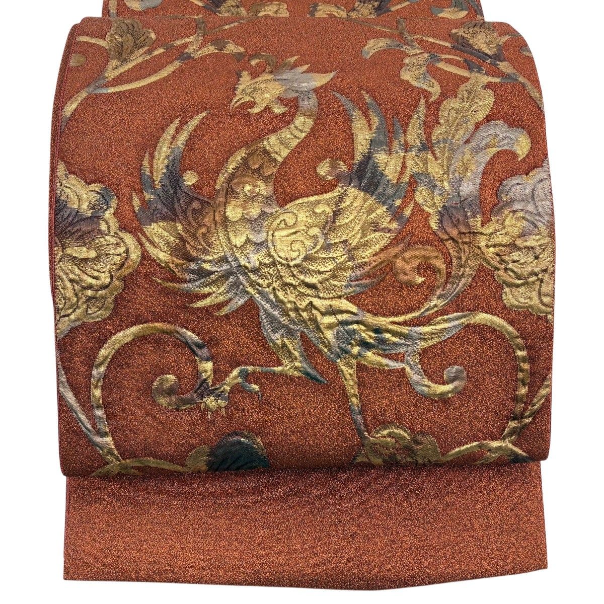 【美品】 袋帯 秀品 証紙 草花 鳥 箔 オレンジ 六通 正絹 【中古】