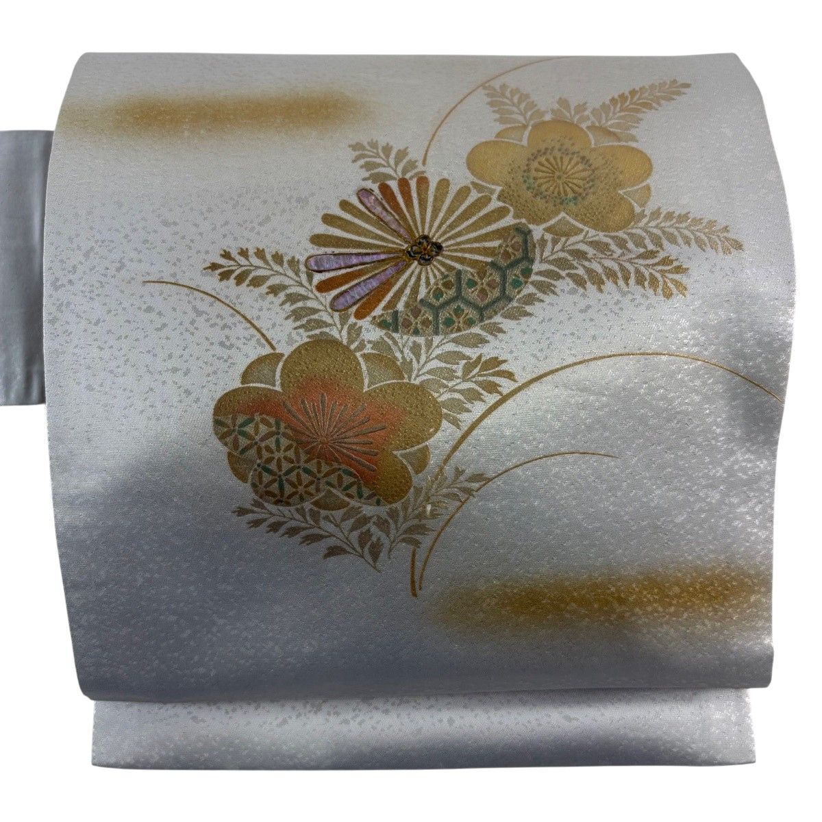 名古屋帯 秀品 松梅 亀甲 金彩 箔 青灰色 正絹 【中古】