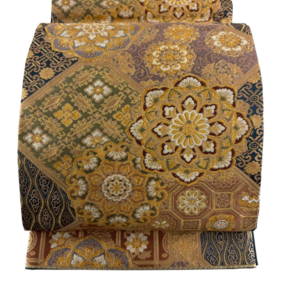 【美品】 袋帯 秀品 関西仕立て 華文 花菱 金糸 箔 灰緑 六通 正絹 【中古】 6,424円
