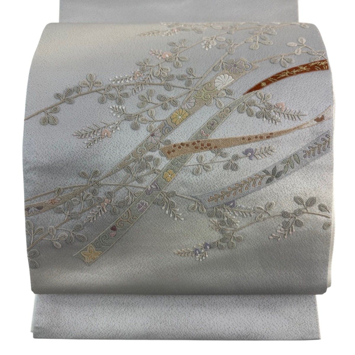 【美品】 袋帯 秀品 落款 萩 鬘帯 相良刺繍 銀糸 灰紫 お太鼓柄 正絹 【中古】