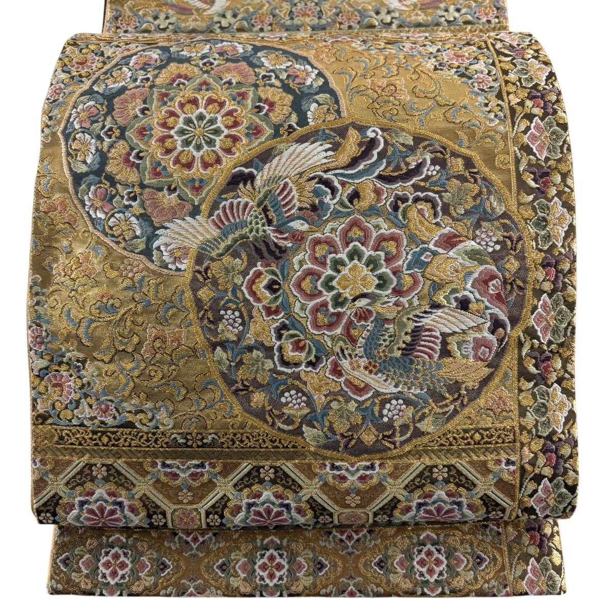 【美品】 袋帯 秀品 華文 鳳凰 金糸 箔 金茶 六通 正絹 【中古】
