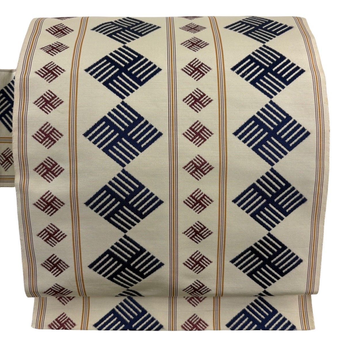 名古屋帯 秀品 菱 縞 クリーム 正絹 【中古】