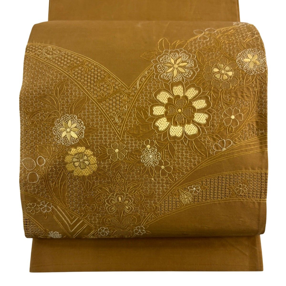 袋帯 秀品 紬地 関西仕立て 草花 唐草 刺繍 山吹茶色 お太鼓柄 正絹 【中古】