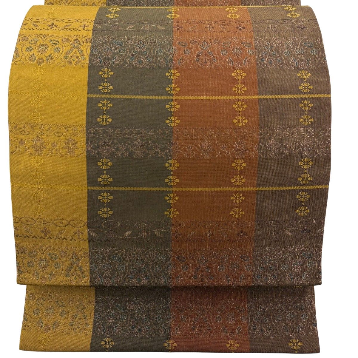 【美品】 袋帯 秀品 縞 草花 金糸 茶色 全通 正絹 【中古】