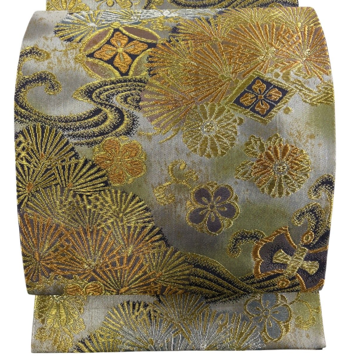 【美品】 袋帯 秀品 松梅 流水 金銀糸 箔 銀色 六通 正絹 【中古】