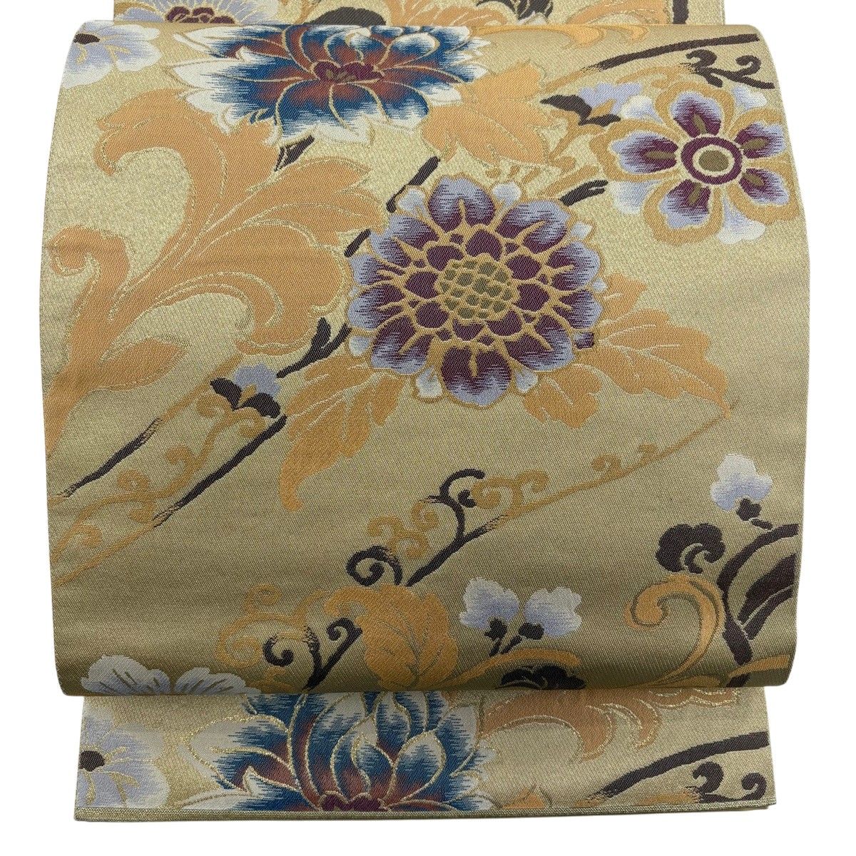 【美品】 袋帯 秀品 花唐草 枝花 金糸 箔 金色 六通 正絹 【中古】