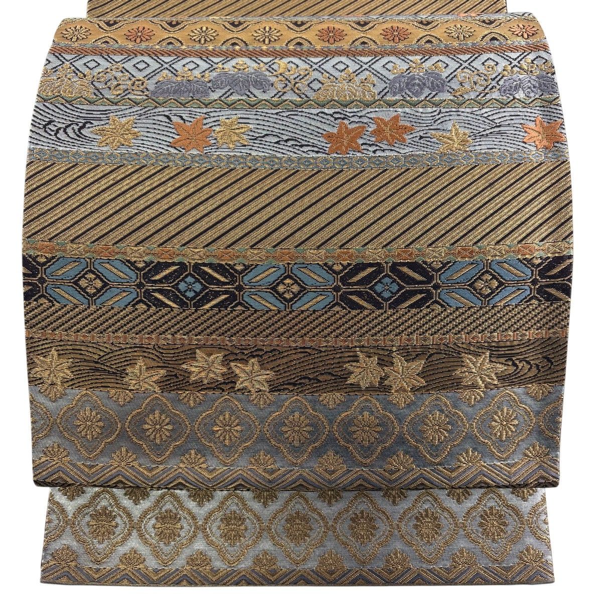 【美品】 袋帯 秀品 段縞 花 箔 金色 六通 正絹 【中古】
