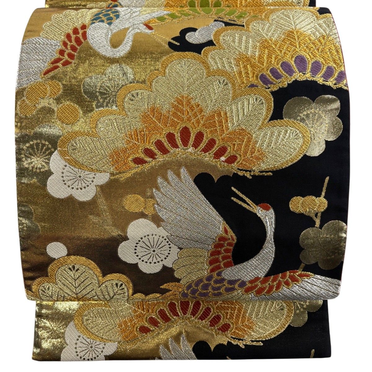 袋帯 秀品 松梅 鶴 金銀糸 箔 黒 六通 正絹 【中古】