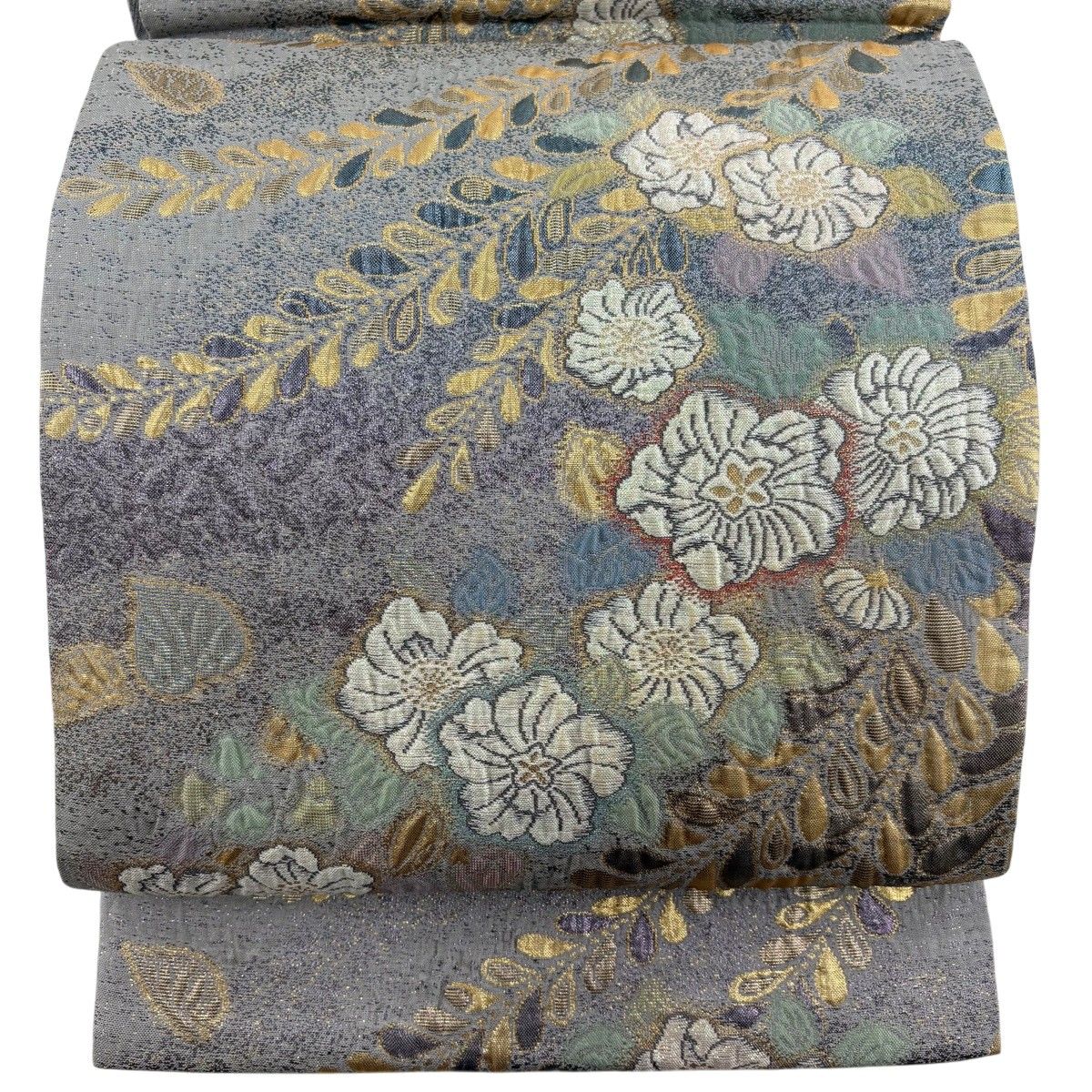 【美品】 袋帯 秀品 辻が花柄 藤 箔 ラメ 青灰色 六通 正絹 【中古】