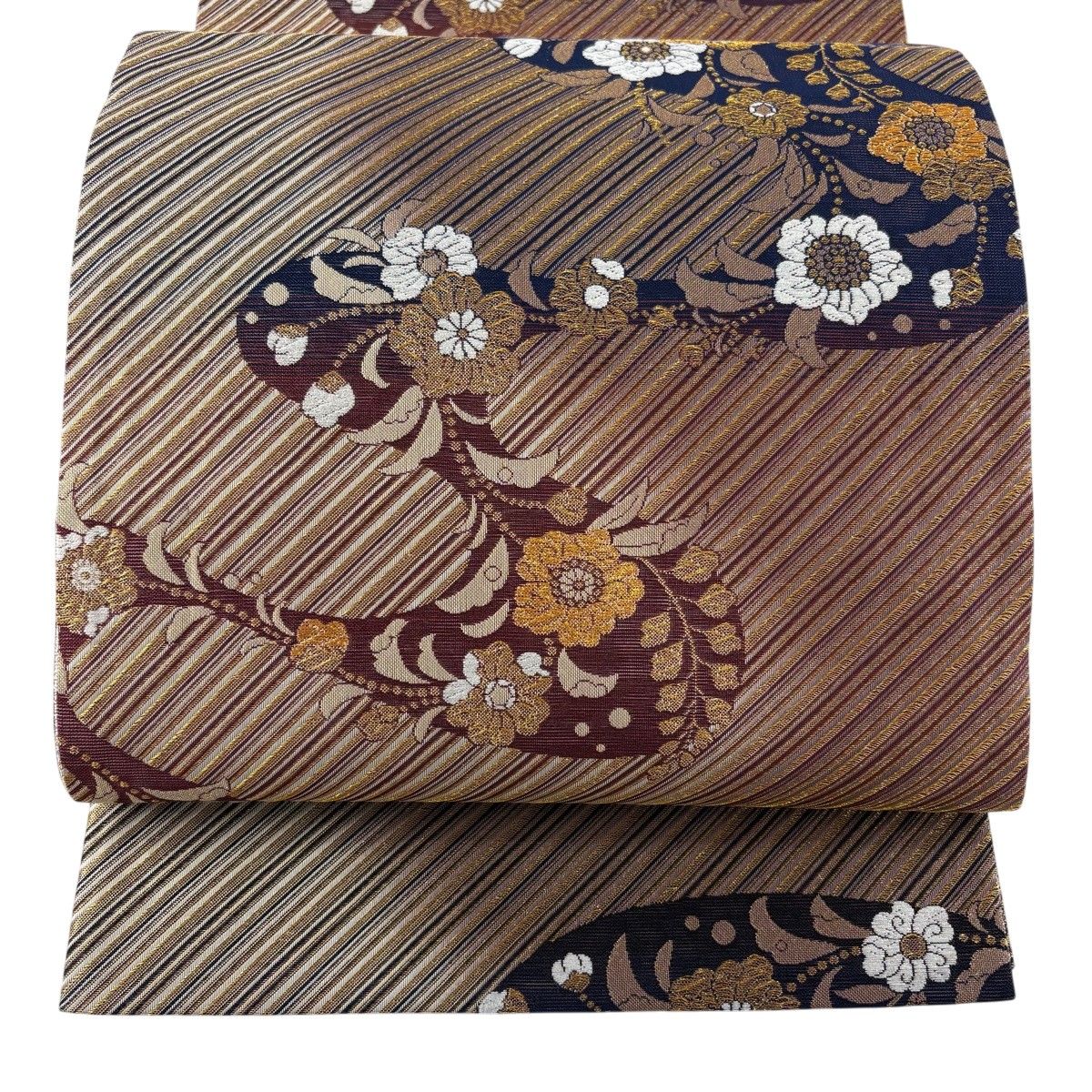 【美品】 袋帯 秀品 辻ヶ花柄 斜縞 金糸 唐織 赤紫 六通 正絹 【中古】